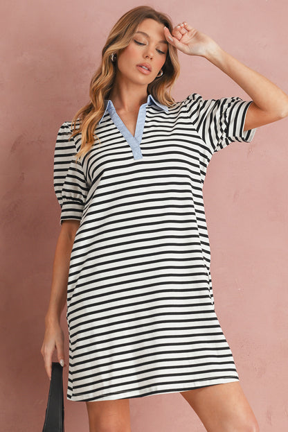 Black Stripe Collared Puff Sleeve Pocketed Mini Dress
