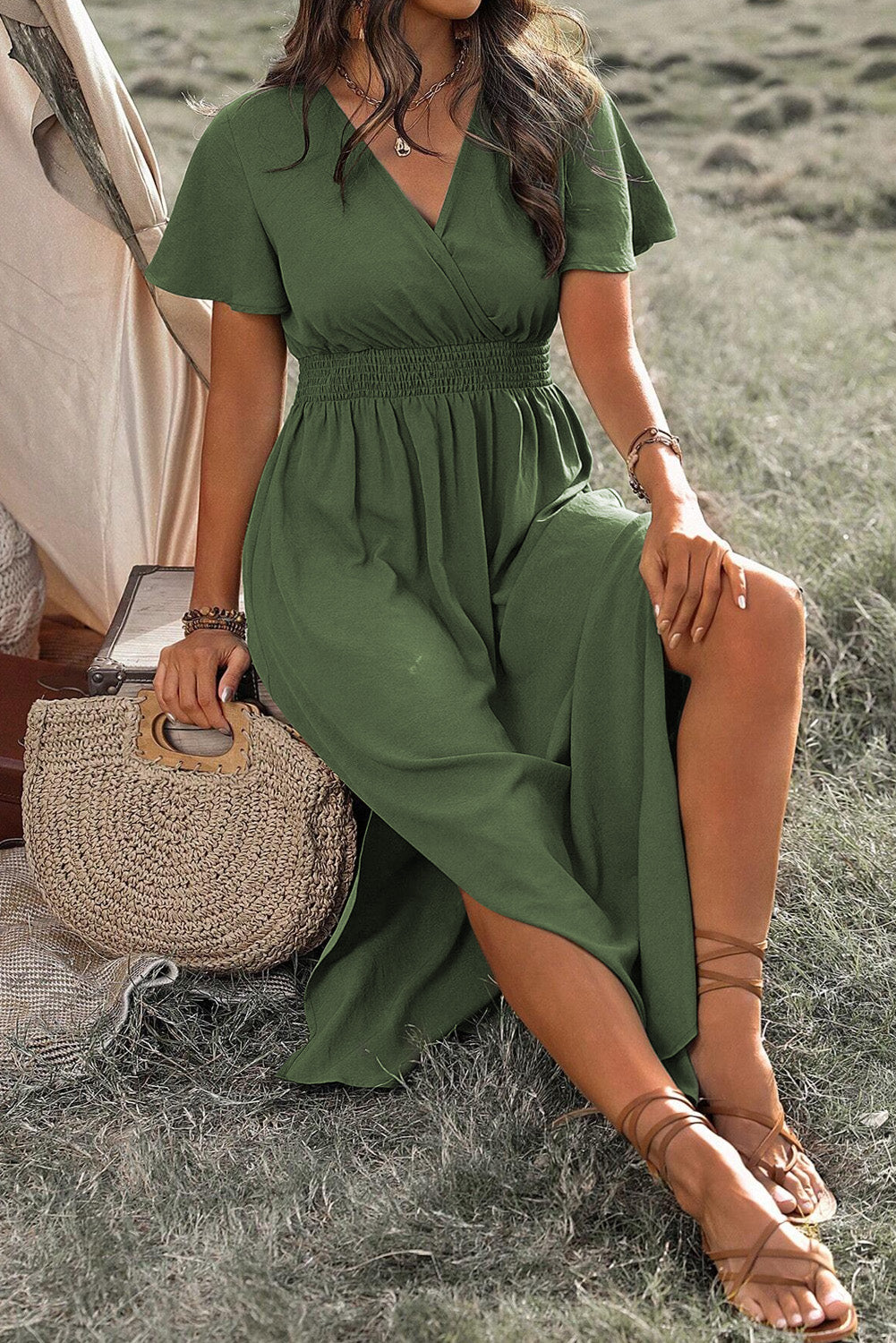 PLUS SIZE Green Surplice Neckline Smocked High Waist Maxi Dress
