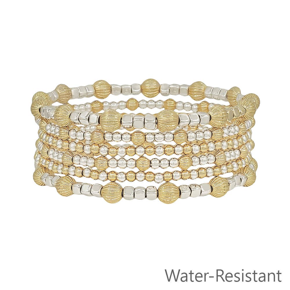 Water Resistant Set of 6 5MM and 3MM Gold Beaded Stretch Bracelets