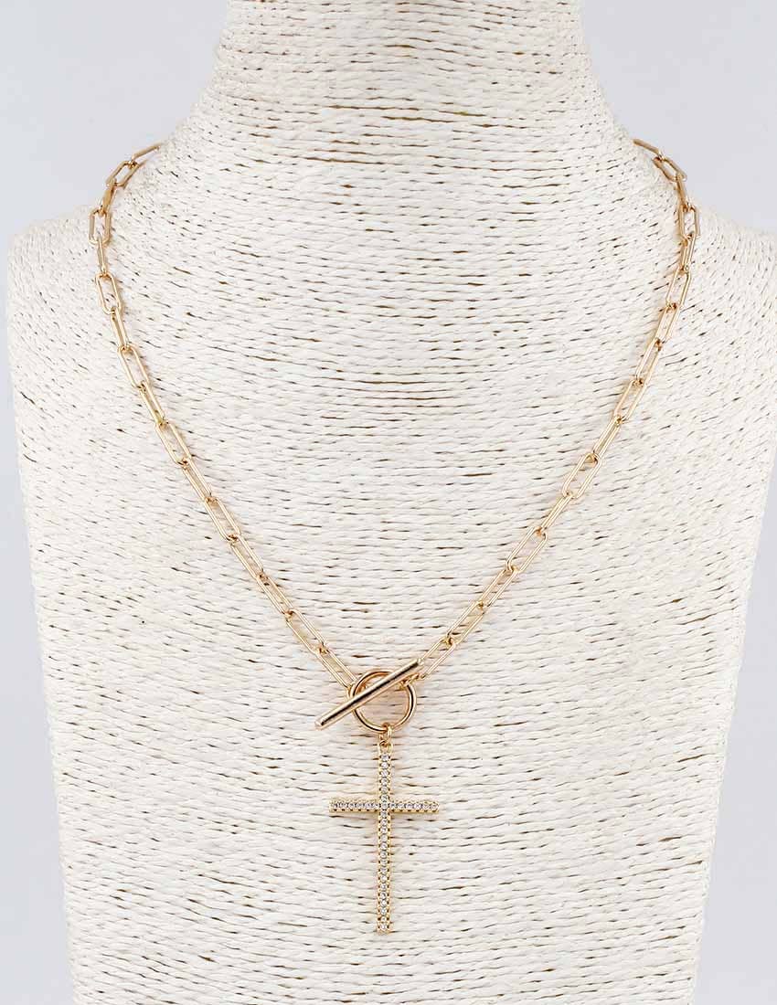 Gold Open Chain with Toggle and  Rhinestone Cross 18" Necklace