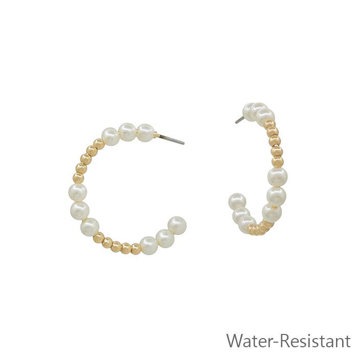 Water Resistant Gold 2mm with 3mm Pearl Beaded `1" Hoop Earring