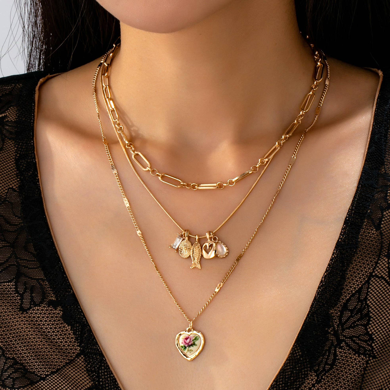 Porcelain Heart Multi Charm Pendant Necklace