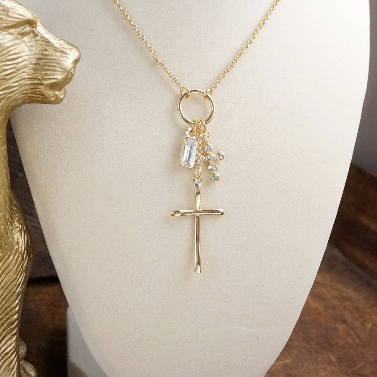 Dainty Cross Charm Cluster Necklace – Gold Tone