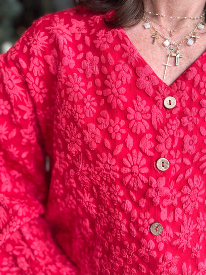 Red Ruffle Cardigan Top