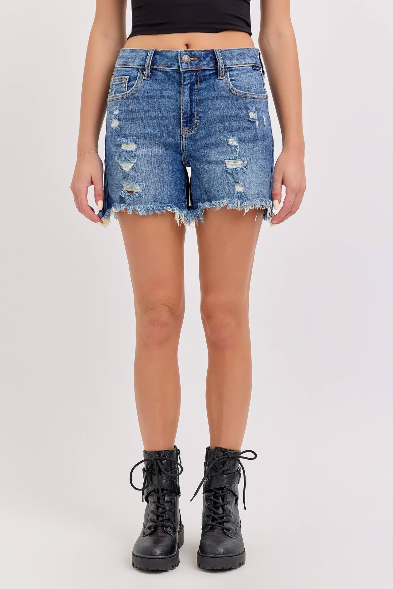 Boyfriend Shorts with Uneven Fray Hem Dark