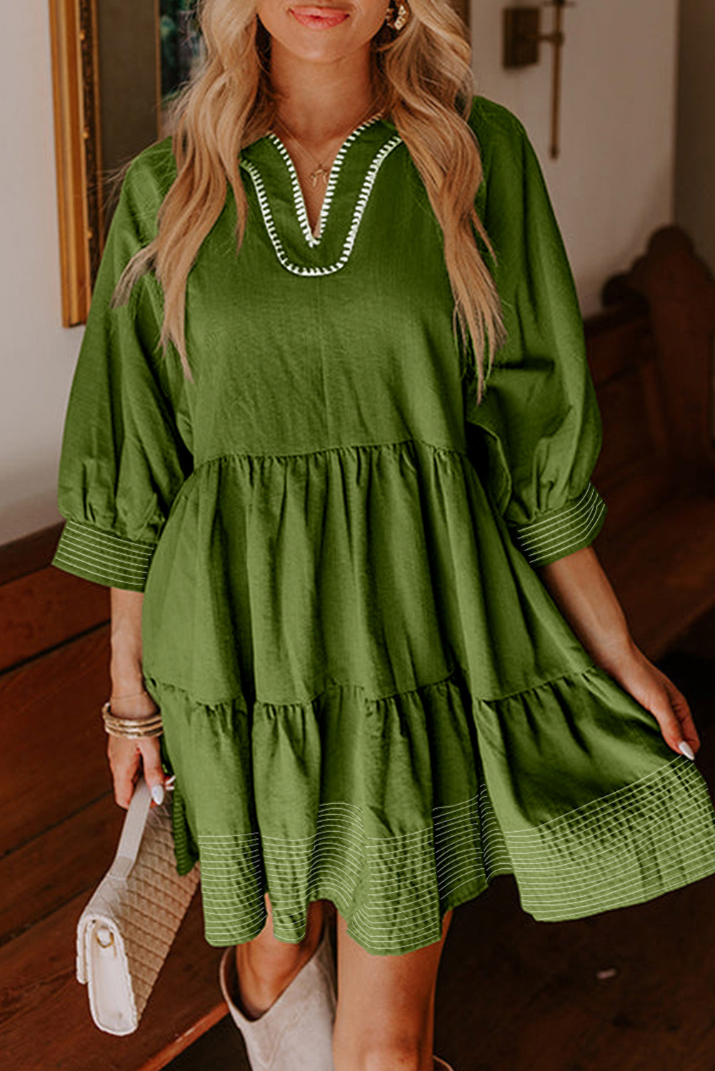 Jungle Green Contrast Stitched V Neck 3/4 Sleeve Swing Mini Dress