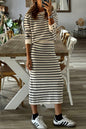 Black Stripe Ribbed Trim Button Cuff Top and Midi Skirt Outfit