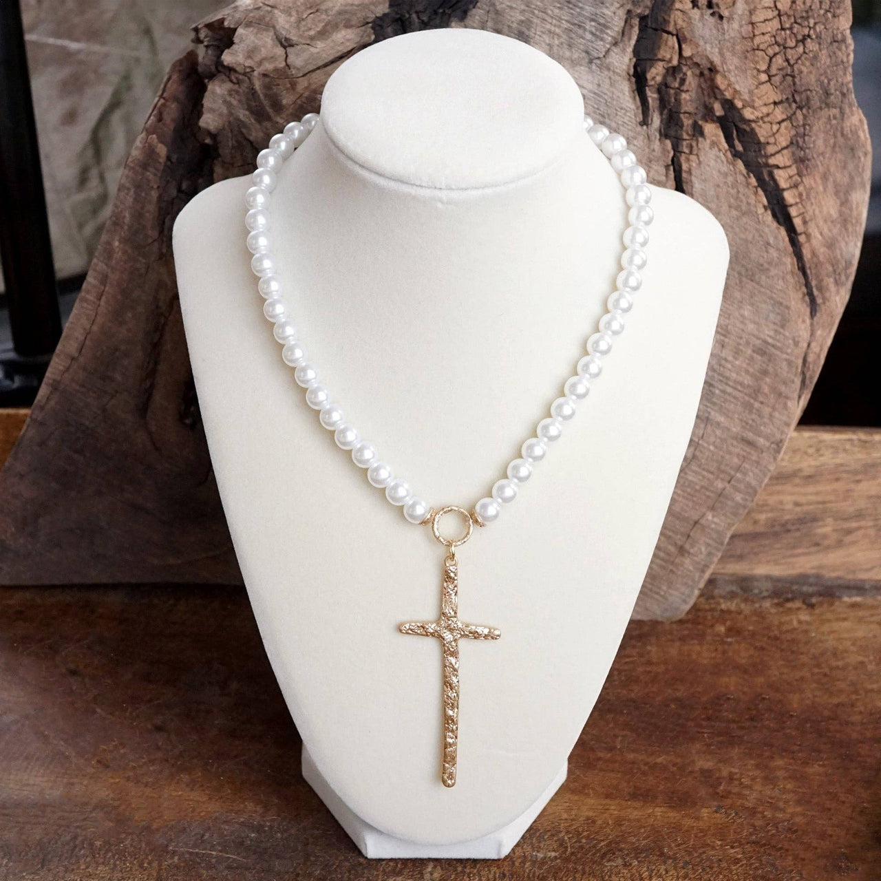 Primitive Cross Necklace Gold Pearl  Beads