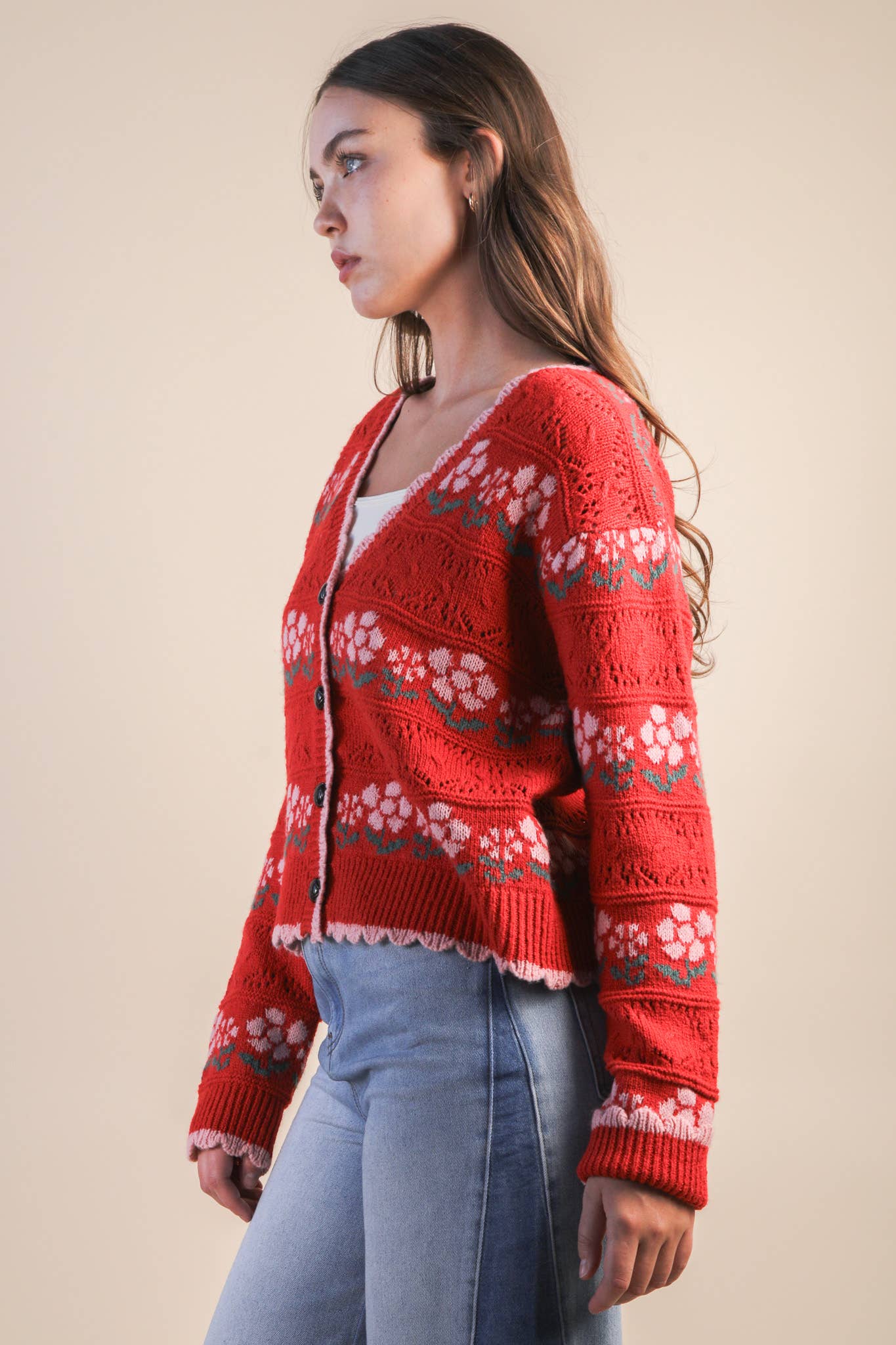 Floral Graphic Detail Knit Sweater Cardigan