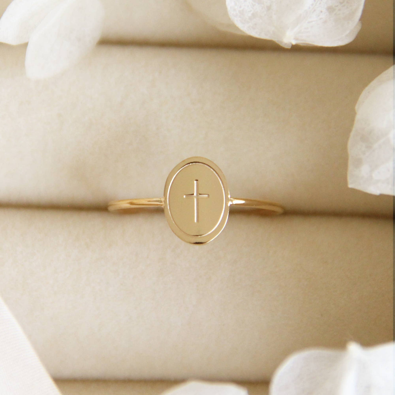 Gold Oval Engraved Cross Ring