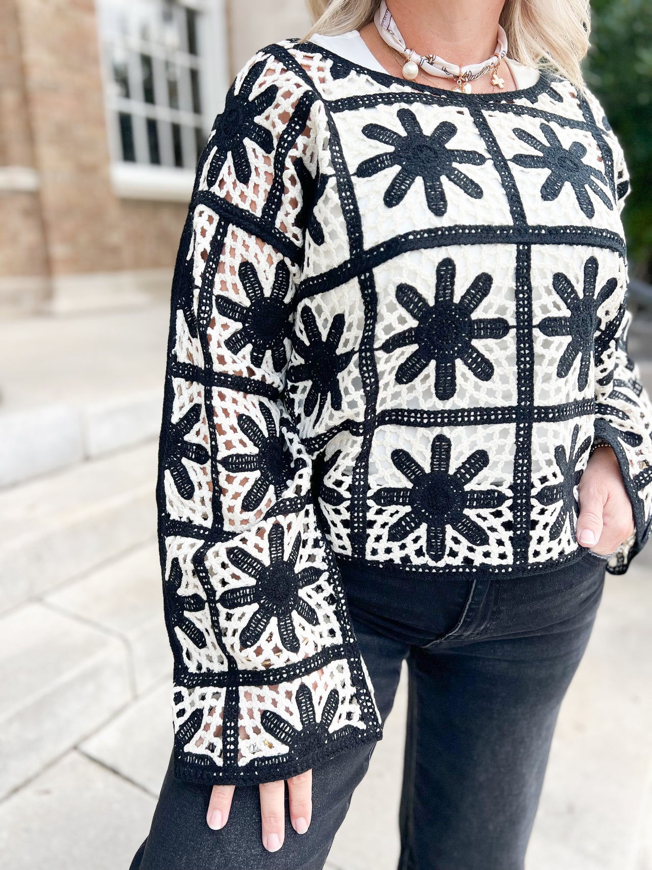 Black Flower Crochet Sweater