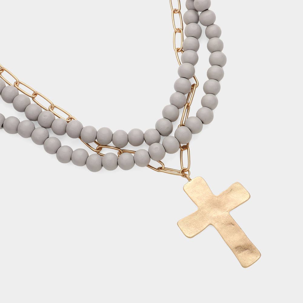 Hammered Metal Cross Pendant Wood Chain Layered Necklace