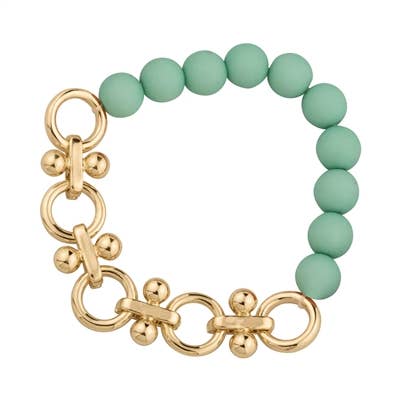 Mint Color Coated Bead with Gold Chain Stretch Bracelet