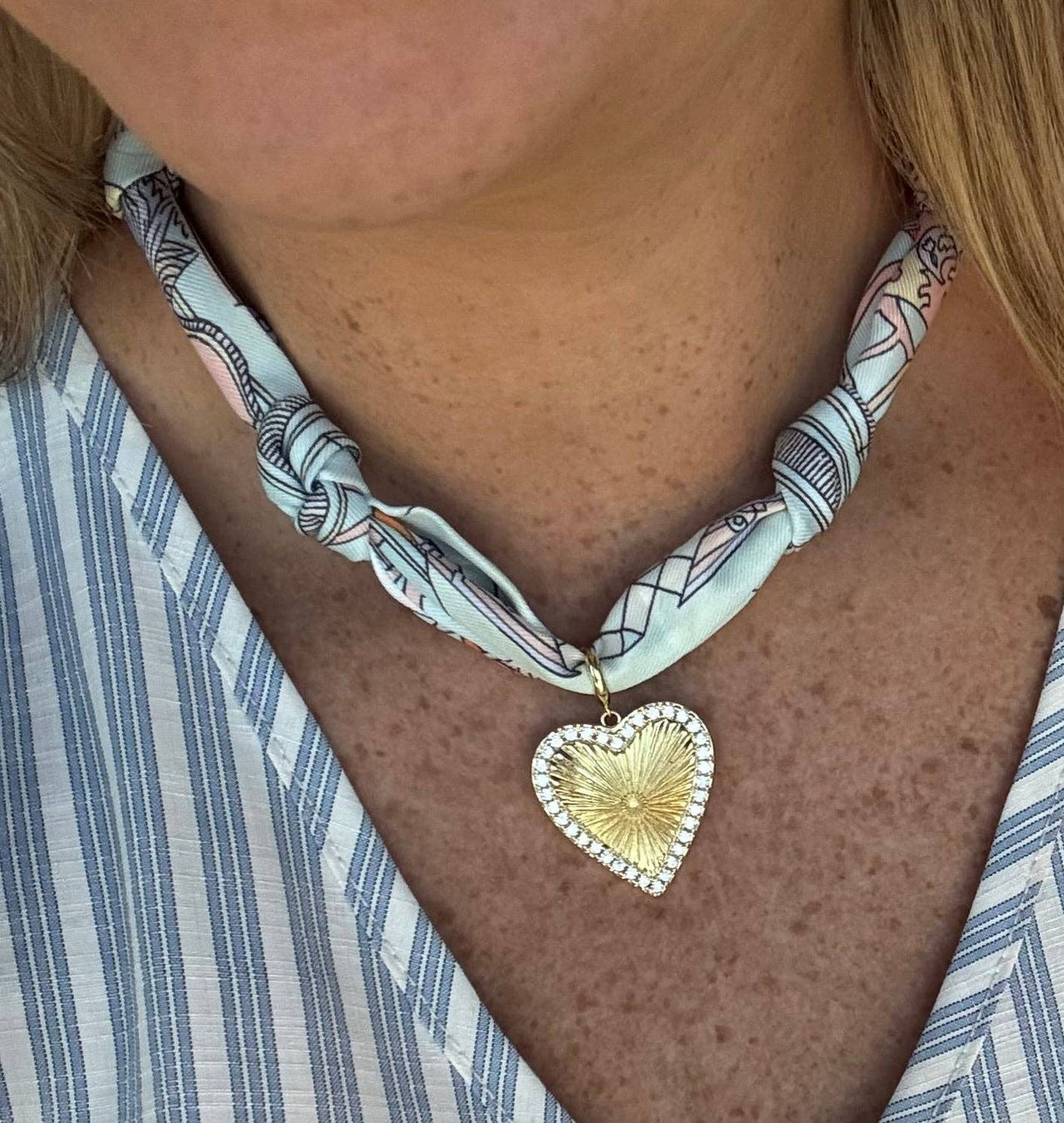 Mint and Cream Knotted Scarf Necklace with Detailed Heart Charm, Most Popular!!