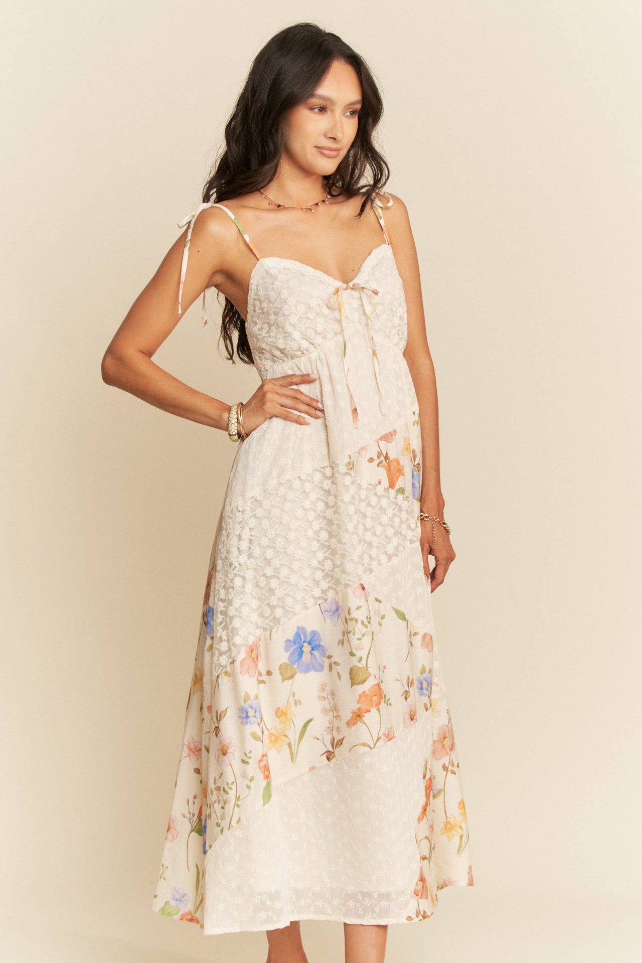 FLORAL LACE FABRIC DETAIL MAXI SLIP DRESS