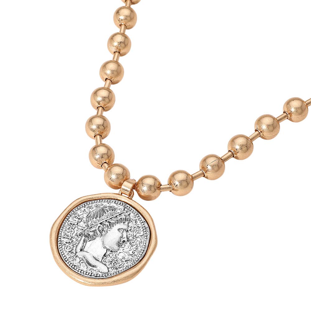 Worn Metal Roman Caesar Medal Pendant Beaded Necklace