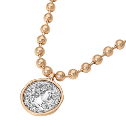 Worn Metal Roman Caesar Medal Pendant Beaded Necklace