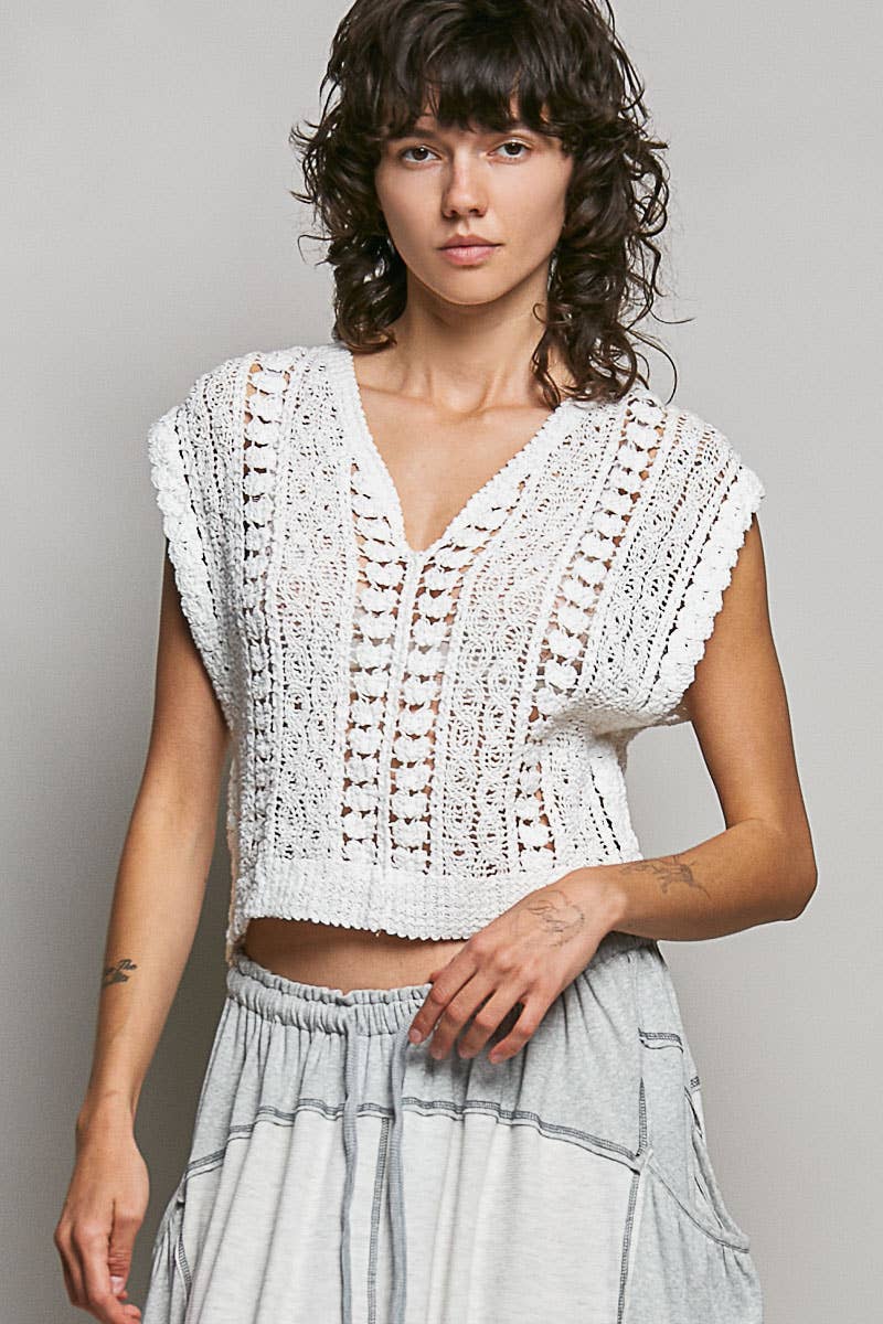 V-Neck Sleeveless Solid Crochet Top