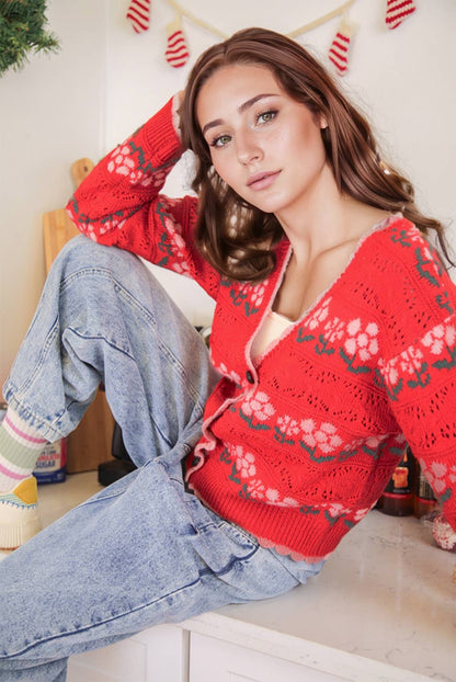 Floral Graphic Detail Knit Sweater Cardigan
