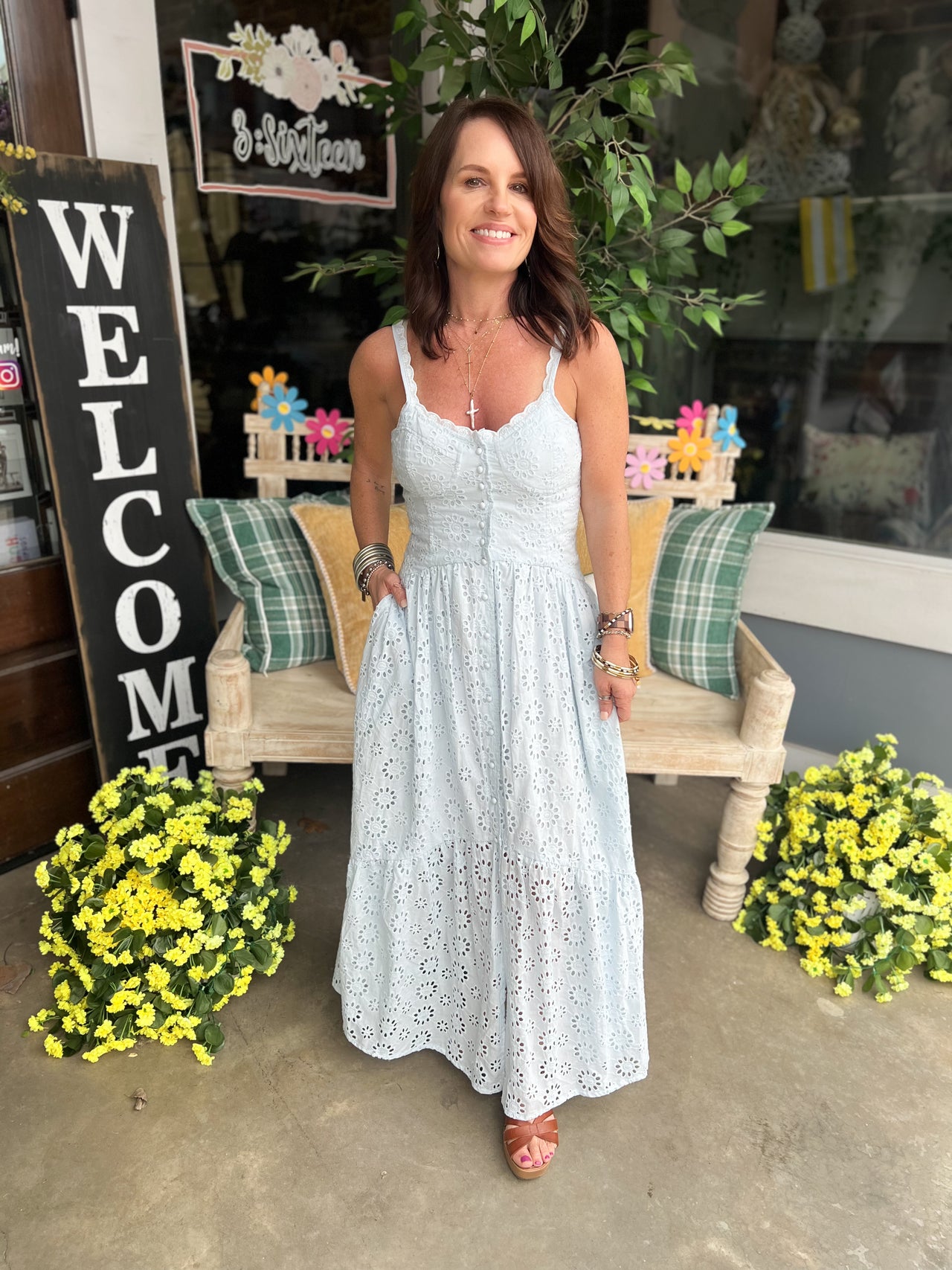 BUTTON DOWN EYELET MAXI DRESS