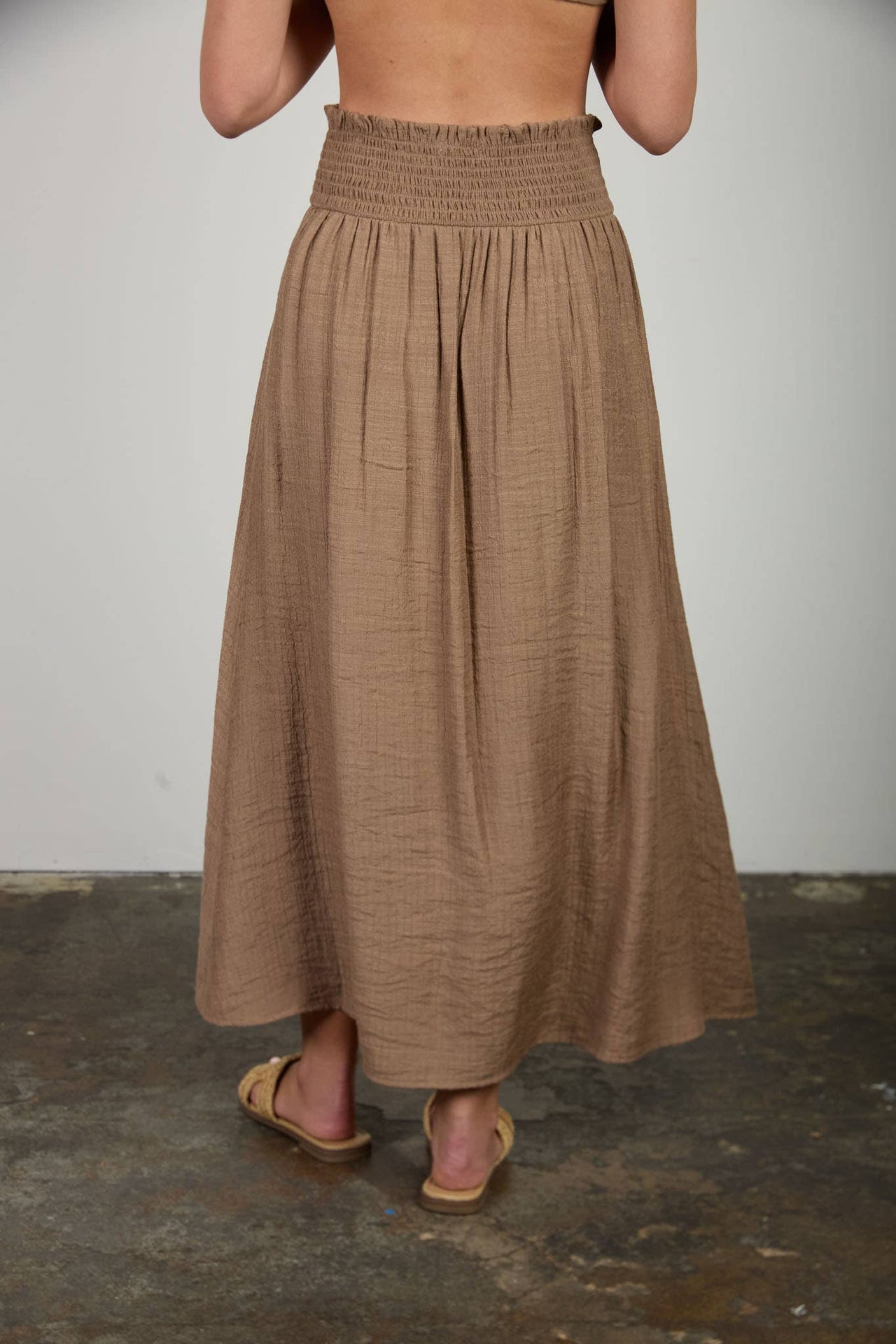 SMOCKED WAIST RUFFLE DETAIL BUTTON DOWN MIDI SKIRT