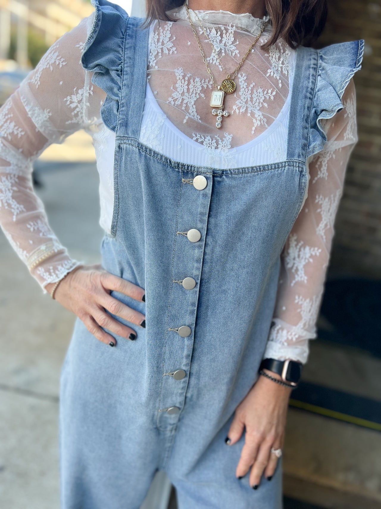 Ruffle Strap Denim Jumpsuit