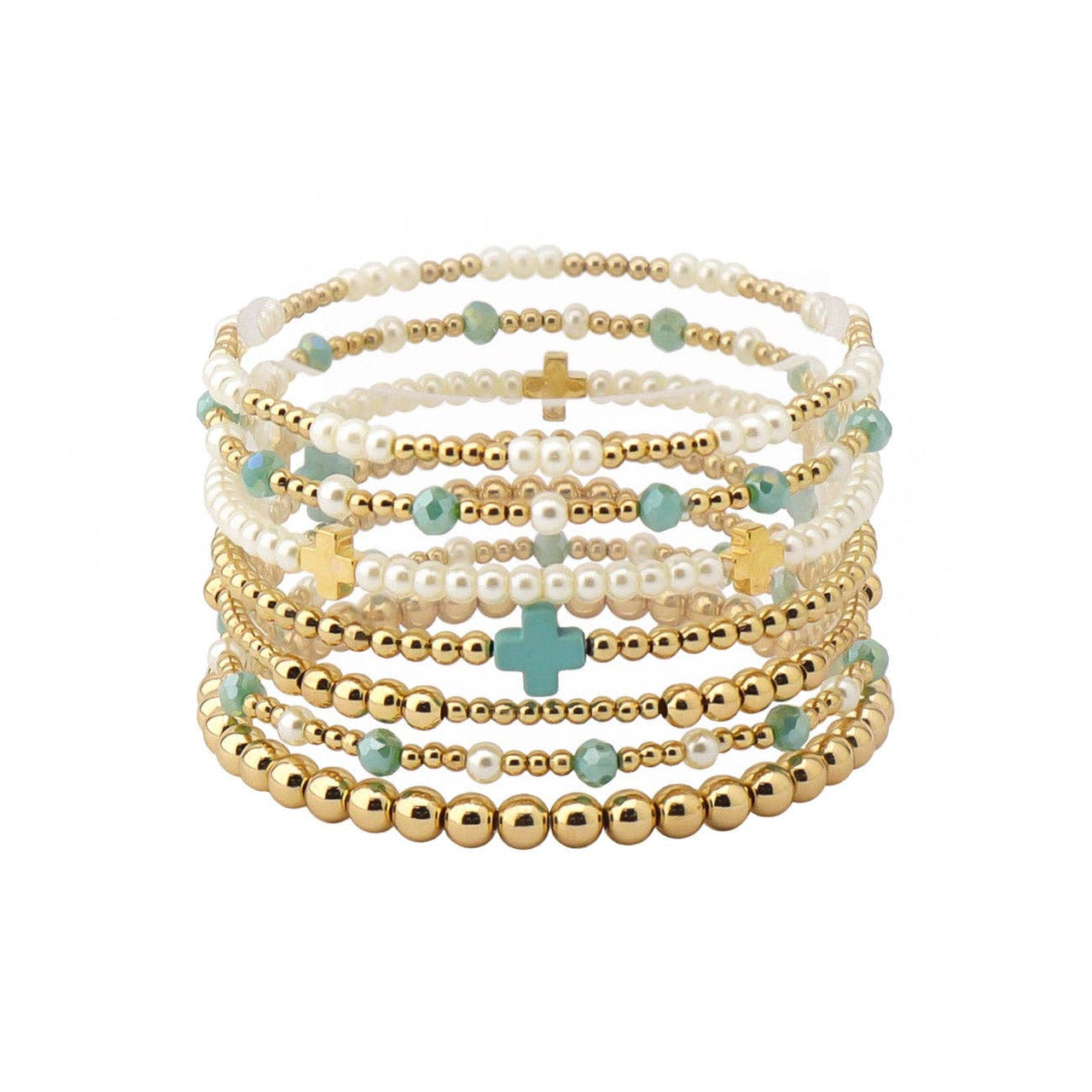 Set of 7 Pearl and Gold with Turquoise Cross Stretch Bracelet