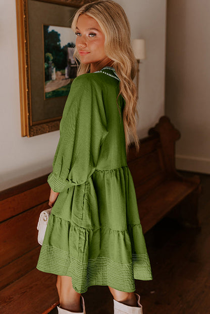 Jungle Green Contrast Stitched V Neck 3/4 Sleeve Swing Mini Dress