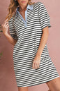 Black Stripe Collared Puff Sleeve Pocketed Mini Dress