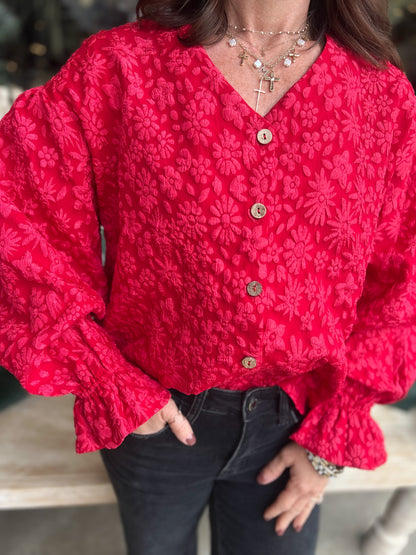 Red Ruffle Cardigan Top