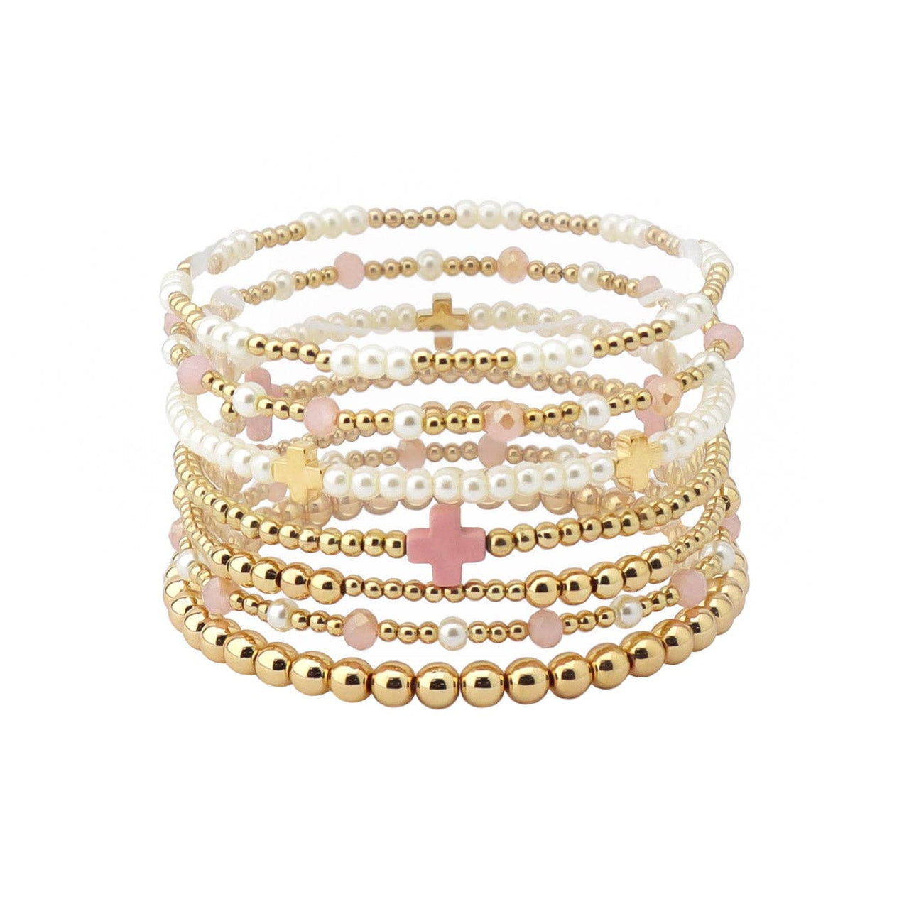 Set of 7 Pearl and Gold with Pink Cross Stretch Bracelet