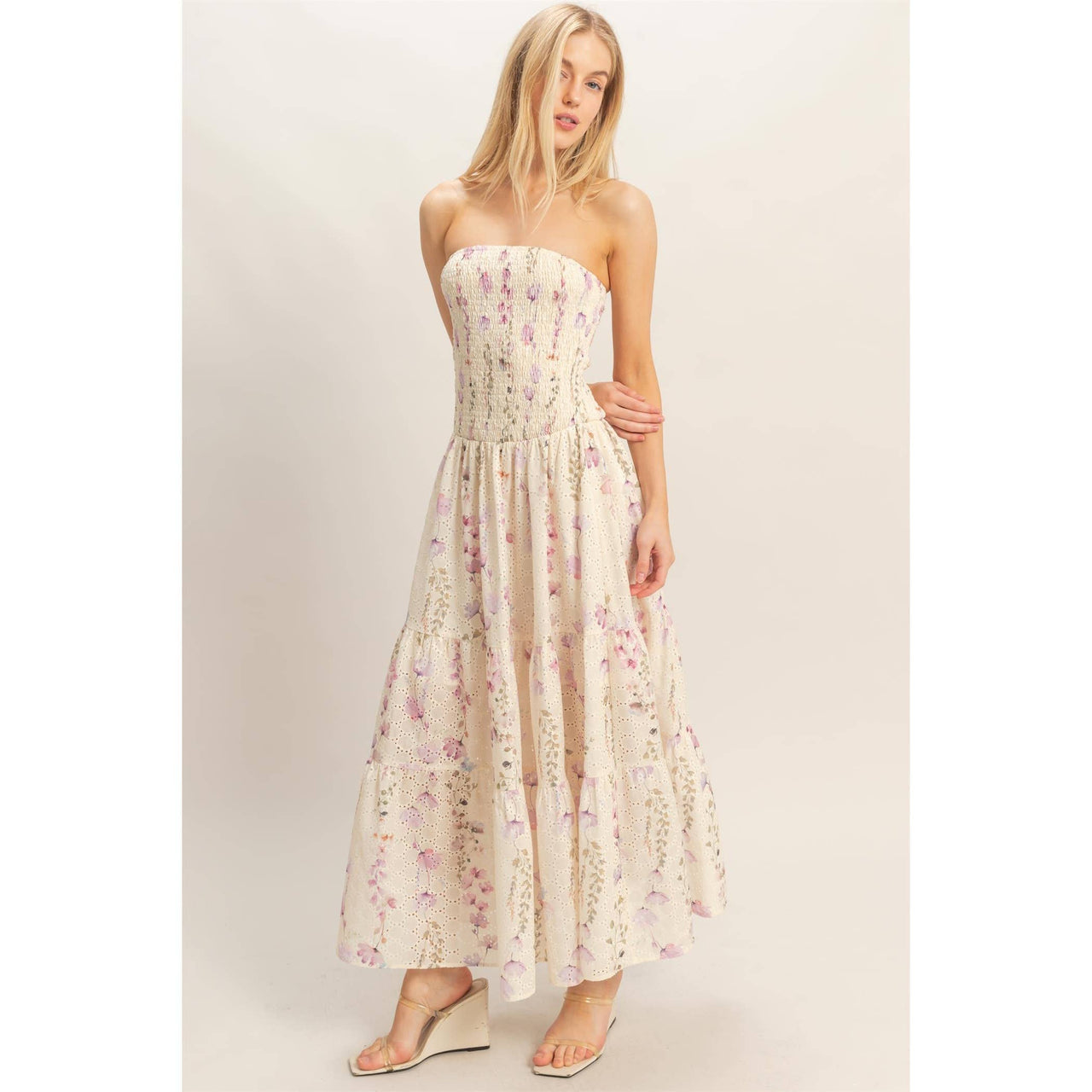 Strapless Smocked Floral Dress