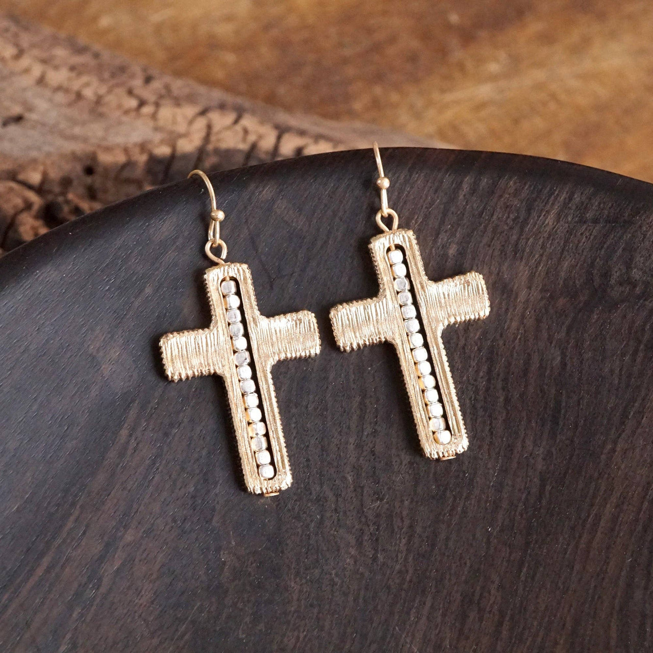 Minimalist Cross Dangle Earrings – Gold or Silver Tone: Worn Gold Tone