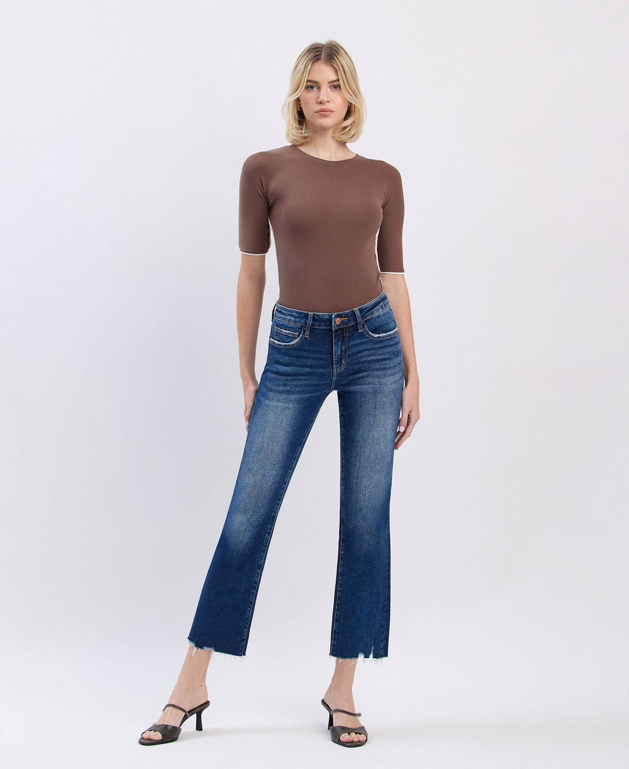 PORTABLE MID RISE DARK WASH CROP MINI BOOTCUT JEANS