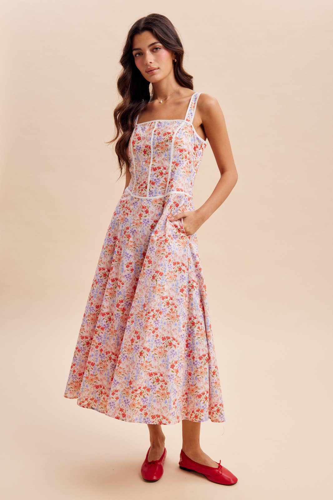 CONTRAST PIPED FLORAL MAXI DRESS