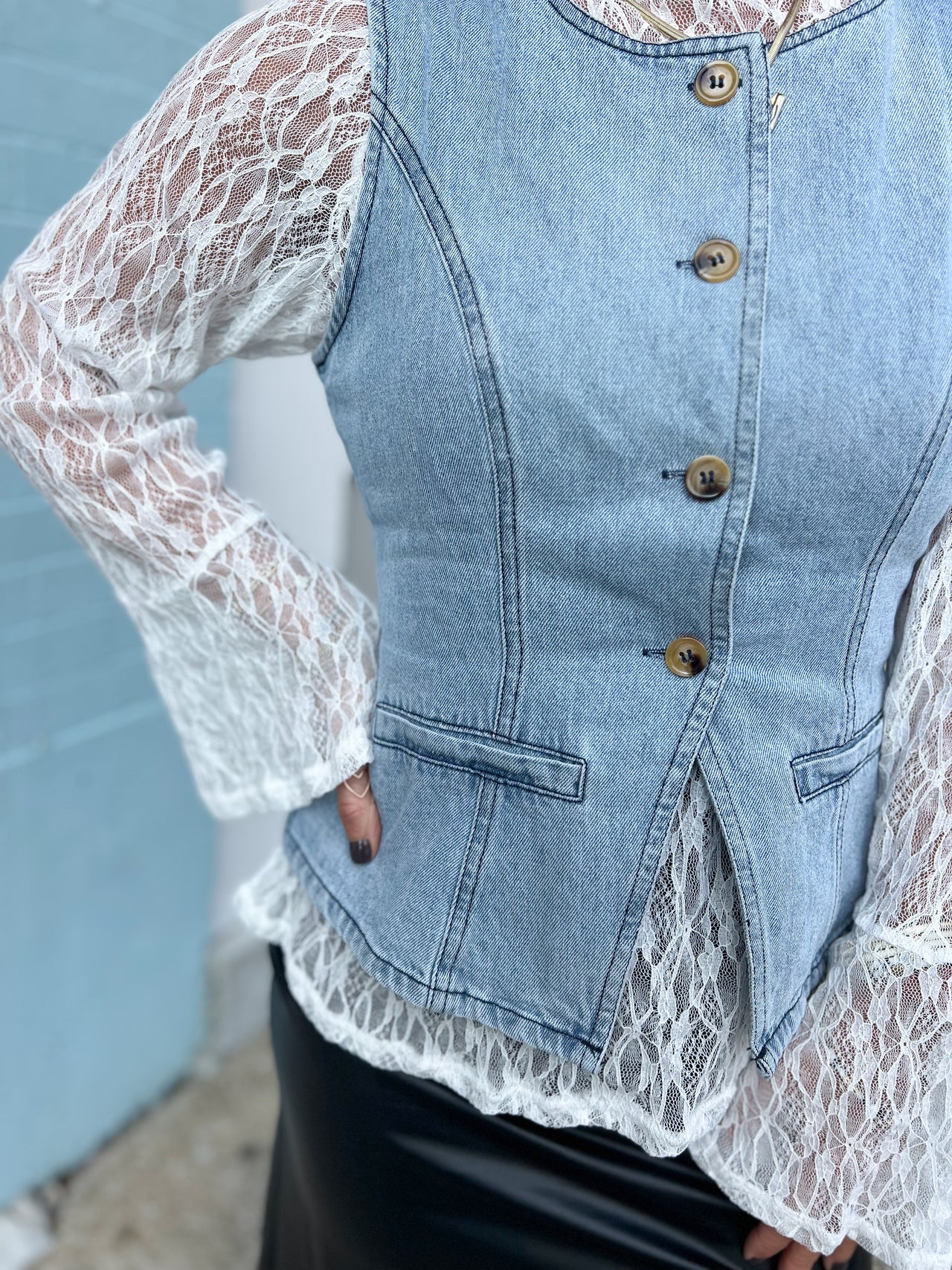 Sheer Lace Bell Sleeve Mock Neck Blouse