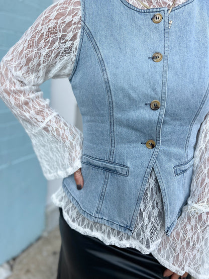 Sheer Lace Bell Sleeve Mock Neck Blouse