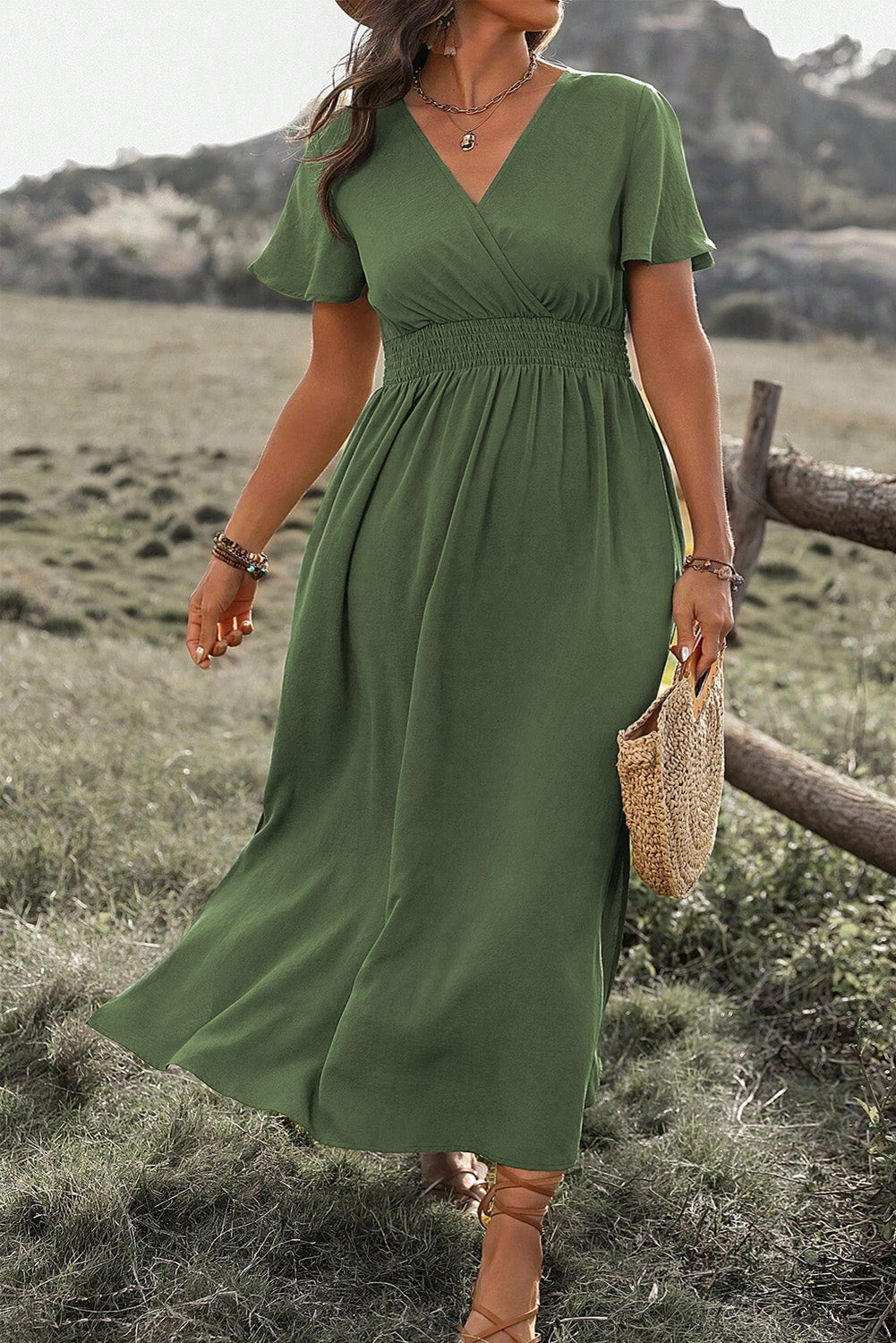 PLUS SIZE Green Surplice Neckline Smocked High Waist Maxi Dress