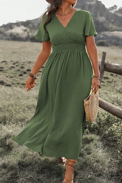 PLUS SIZE Green Surplice Neckline Smocked High Waist Maxi Dress