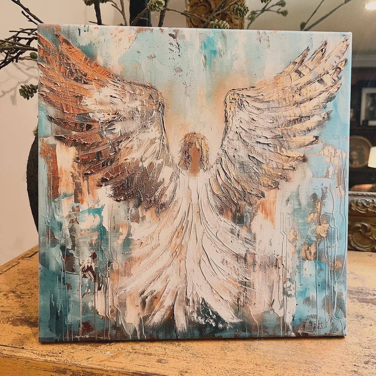 Angel canvas art print, Christian home decor, Spiritual art: 8x8