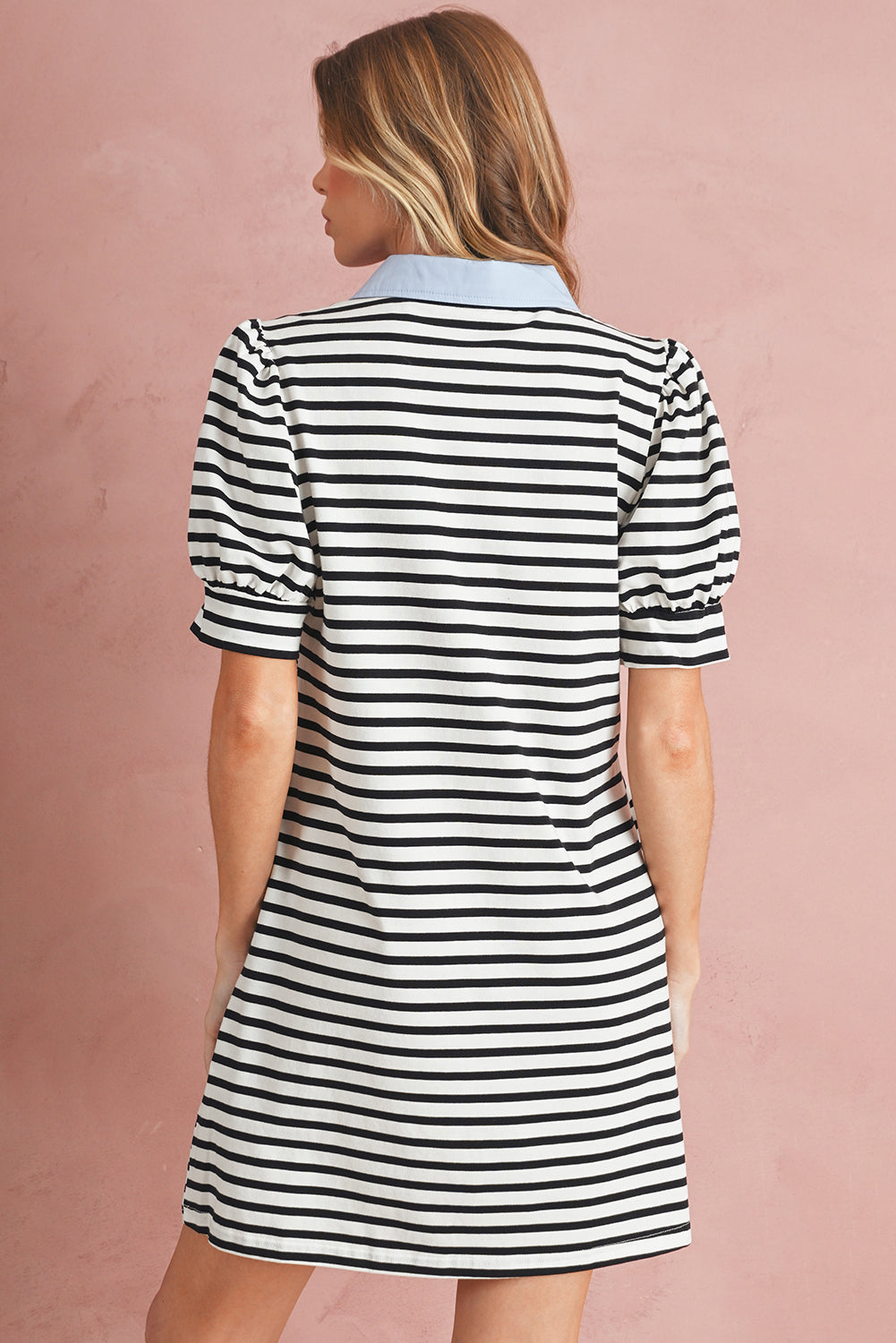 Black Stripe Collared Puff Sleeve Pocketed Mini Dress
