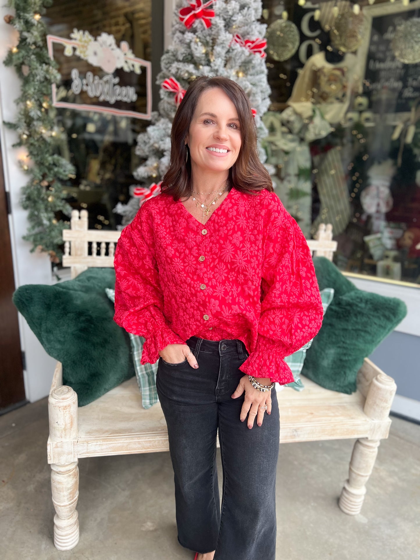 Red Ruffle Cardigan Top