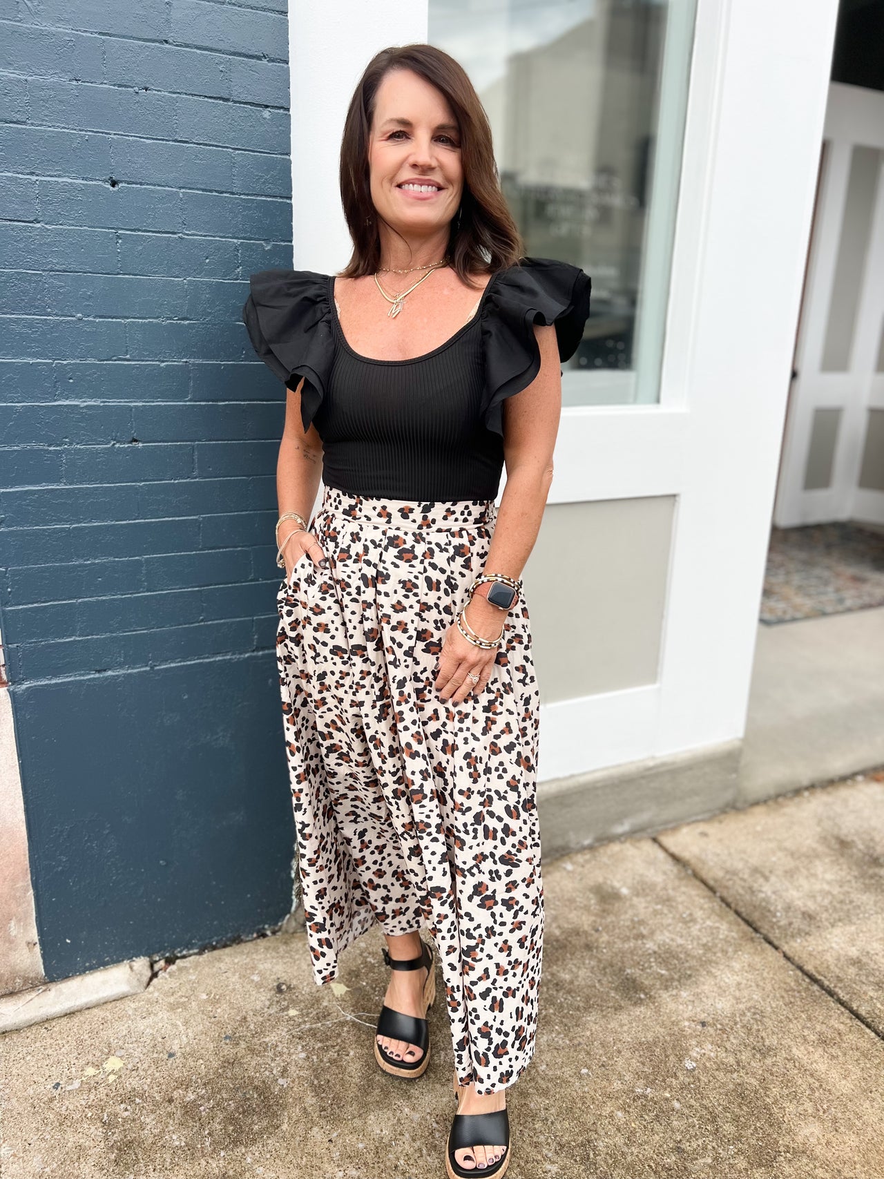 Leopard Print Pleated Midi Skirt