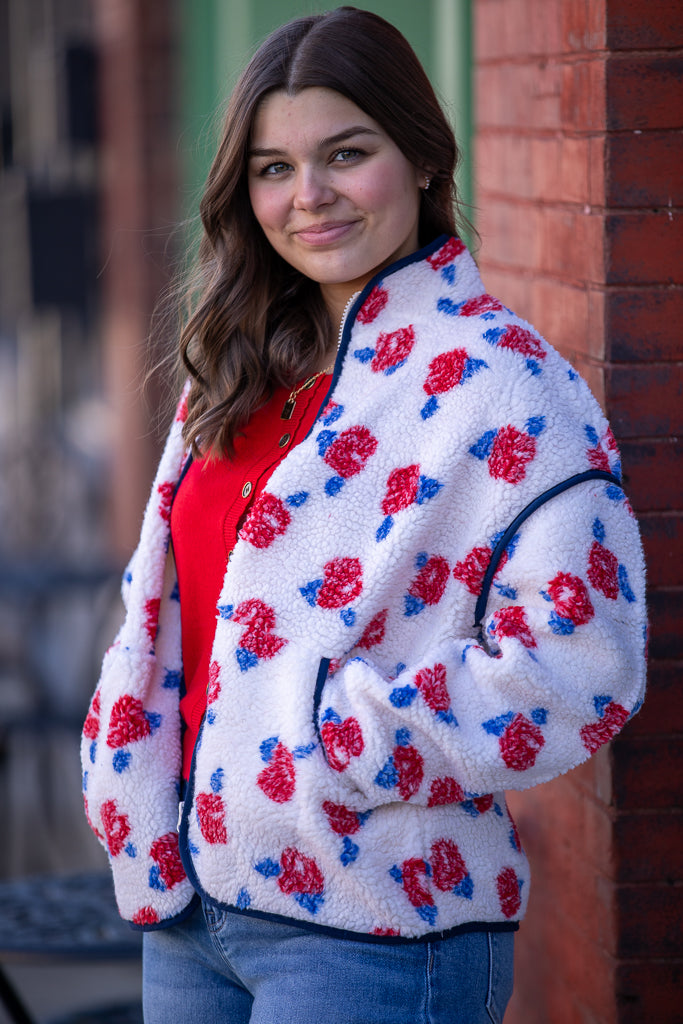 Oversized Floral Printed Fleece Sherpa Jacket