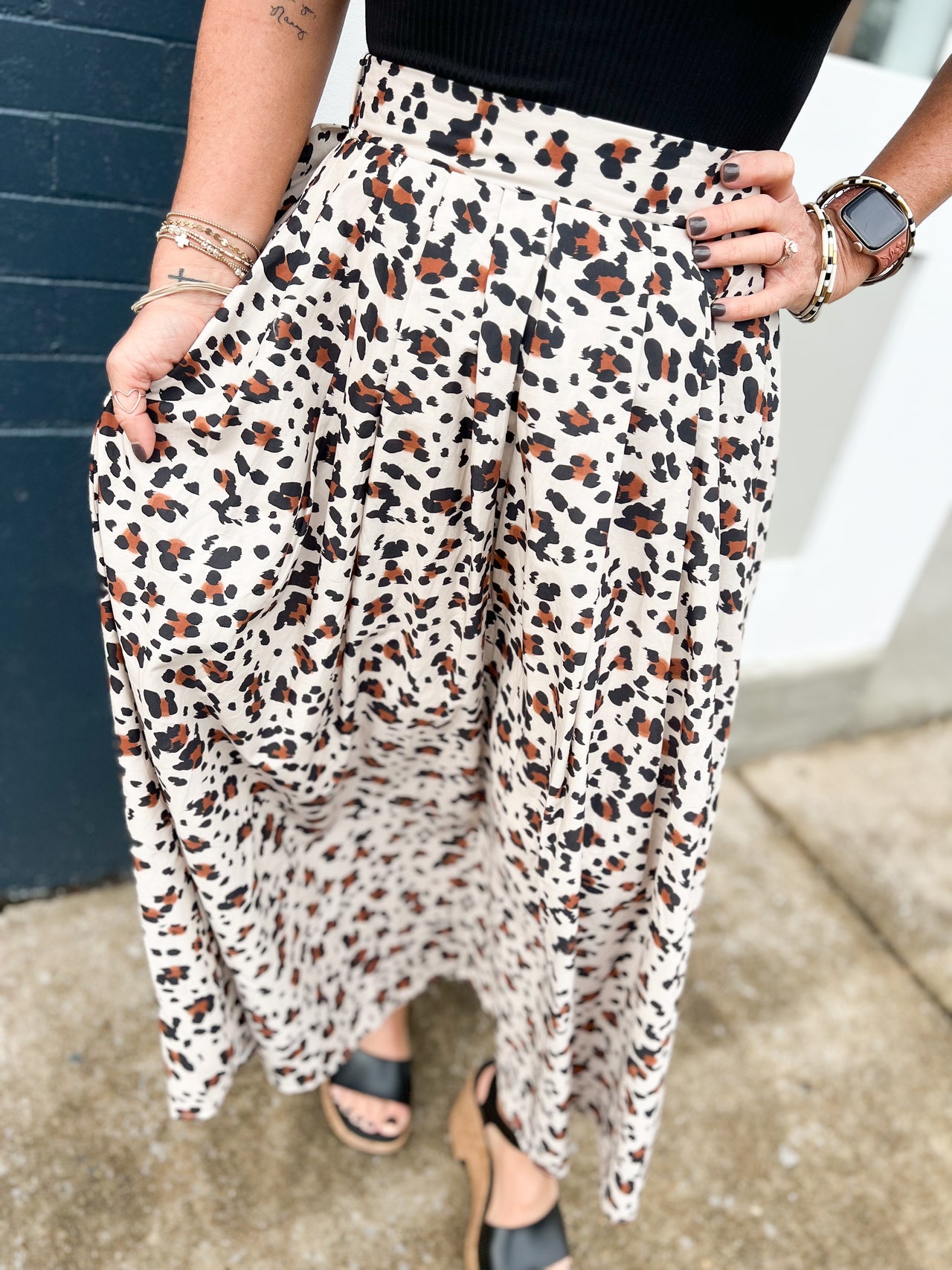 Leopard Print Pleated Midi Skirt