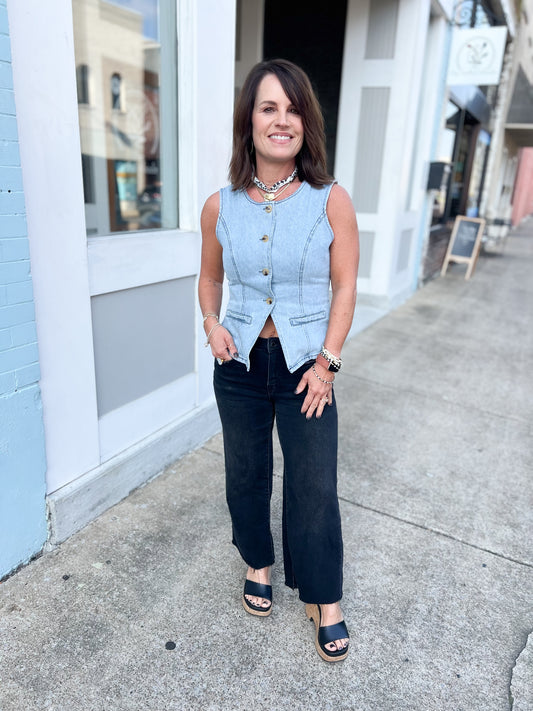 HIGH RISE CLEAN CUT RAW HEM CROP SLIM WIDE JEANs