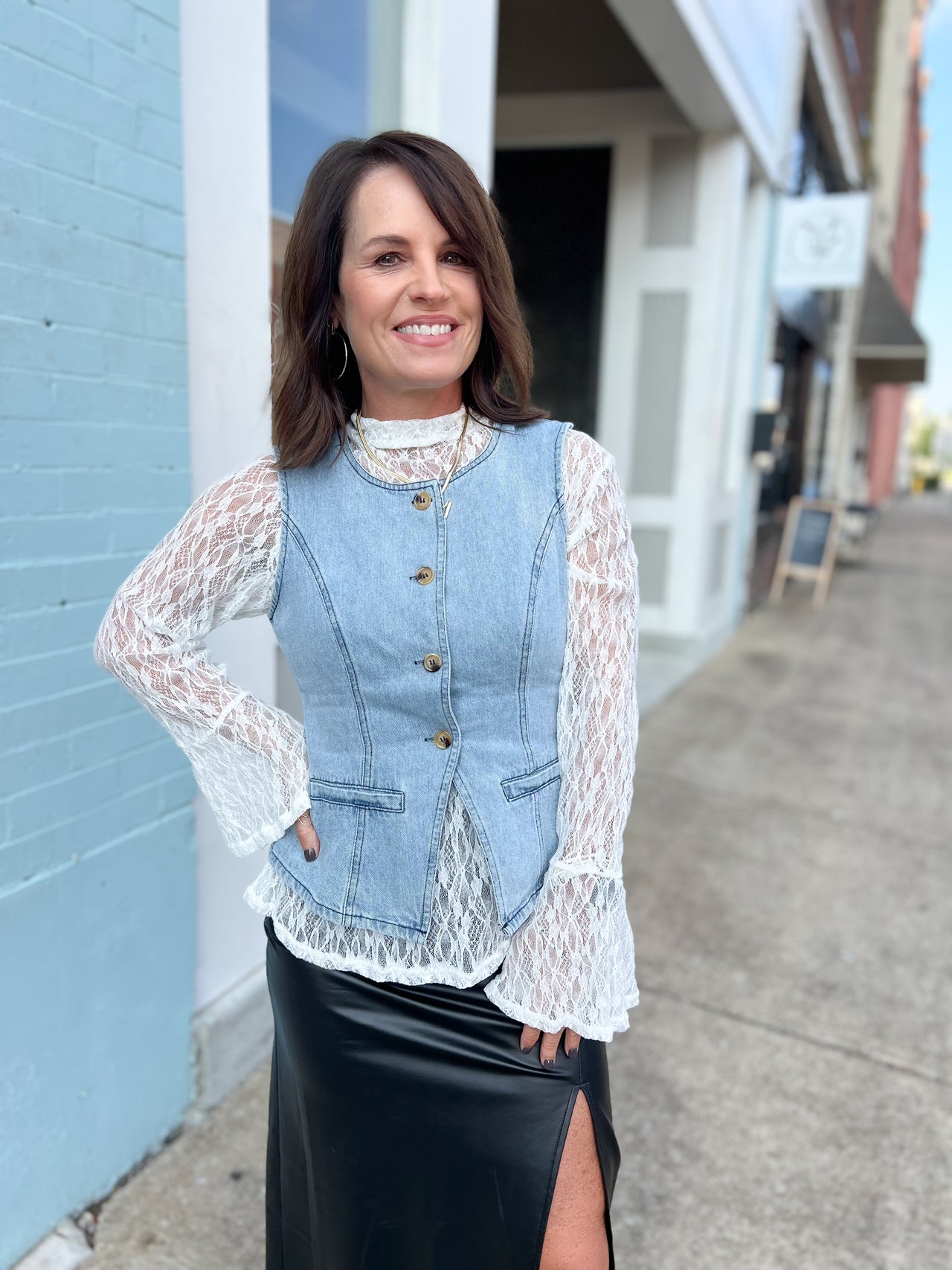 Sheer Lace Bell Sleeve Mock Neck Blouse