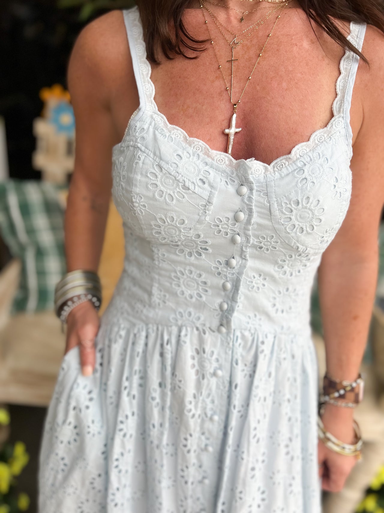 BUTTON DOWN EYELET MAXI DRESS