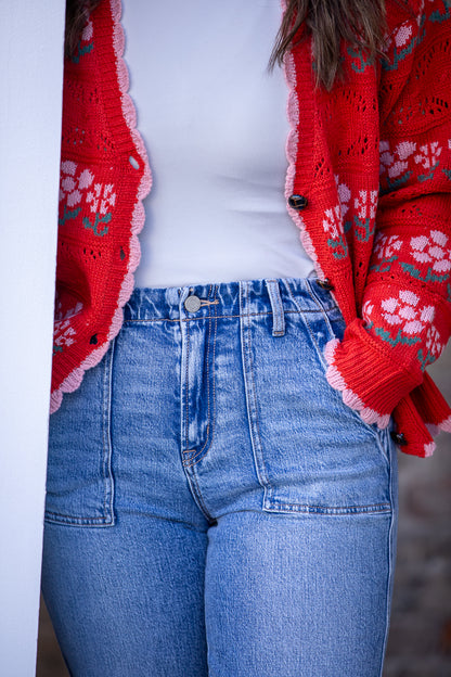 Floral Graphic Detail Knit Sweater Cardigan