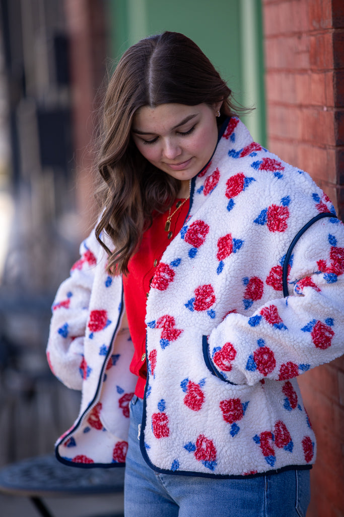 Oversized Floral Printed Fleece Sherpa Jacket